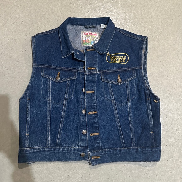 campus rugged country Jackets & Blazers - Vintage Caesars Palace Blue Denim Vest by Campus Rugged Country size L